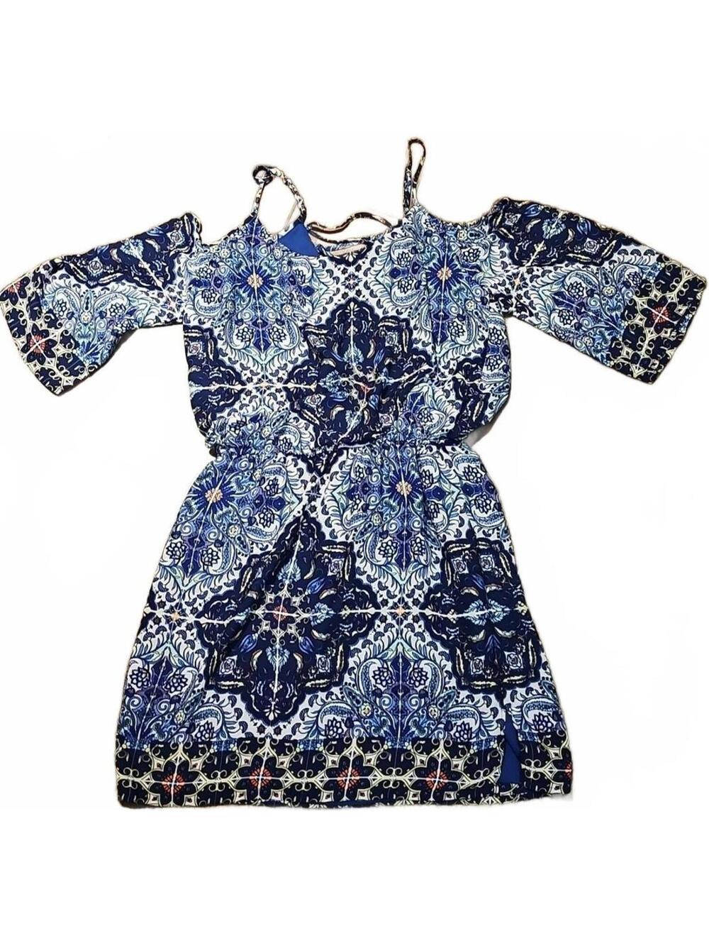 Bisou Bisou Women's Sz 6 Blue Medallion Print Paisley Cold Shoulder Dress Boho